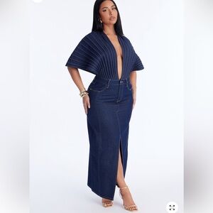 Sold——-Dark Indigo High-Waist Denim Maxi with Front Double Slit
